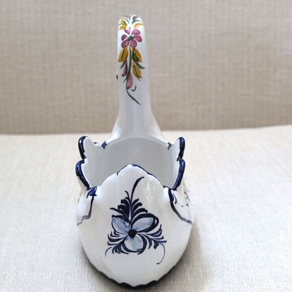 Elegant Hand Painted White Swan Ceramic Art Piece Floral Swan Planter Bowl - Picture 4 of 11